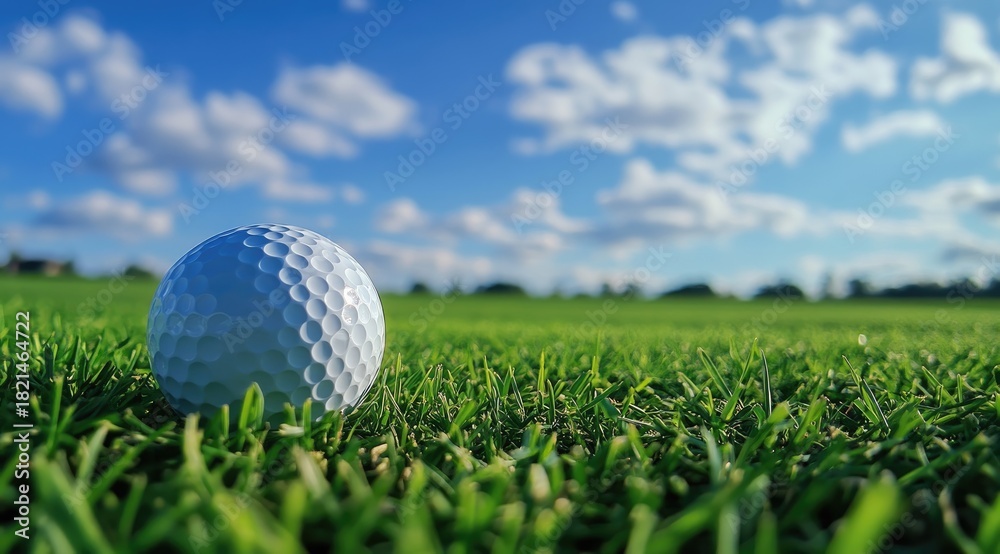 Obraz premium Golf ball on a vibrant green fairway, sunny day