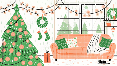 Cozy holiday scene of Christmas tree, gifts, and cat next to sofa in living room with string lights