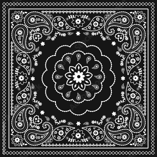 Elegant Paisley Ornament Bandana Pattern with Detailed Floral Motifs and Decorative Borders 