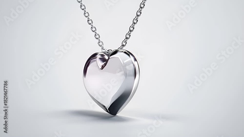 A silver heart pendant on a silver chain. The pendant is polished, reflecting light, and has a smooth, reflective surface. The chain is also silver, with a smooth texture.