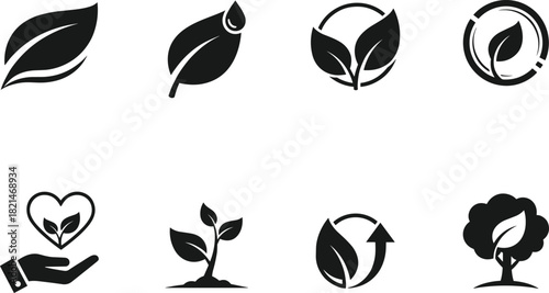 Nature and ecology icon set: plant, leaf, growth, recycle, eco-friendly symbols Vector