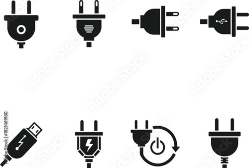 Electric power plugs and usb cable connectors icon set for energy and data. Vector