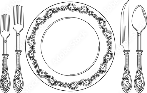 A plate with a fork, knife, and spoon on it