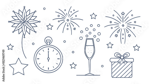 Elegant New Year's Eve icons for festive designs and party invitations, celebrating midnight and new beginnings