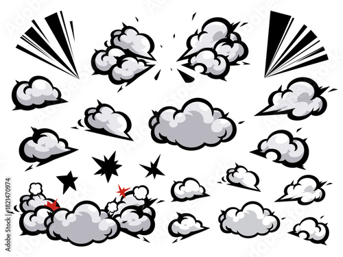 アメコミ風のかっこいい着地の煙と光のイラスト素材セット