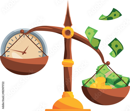 A scale with a clock on one side and money on the other