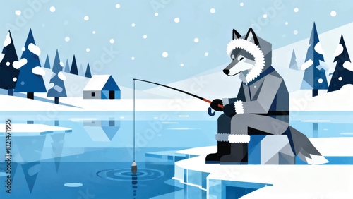 Illustration Of A Wolf Fishing In A Winter River Vector Design Template
