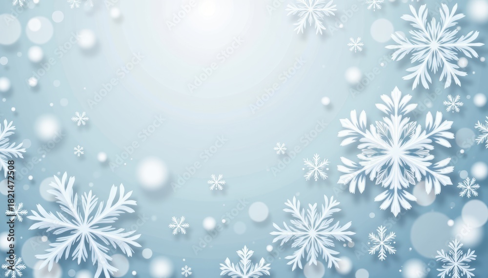 Naklejka premium Delicate snowflakes adorning tranquil blue winter setting image displays intricate snow patterns on calm blue surface perfect for winter and cold themes