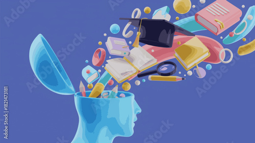 3d illustration of knowledge and education concept with school supplies exploding from an open human head silhouette