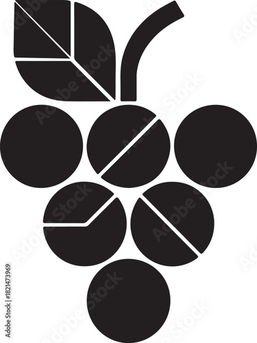 Stylized black grapes with green leaves icon on white background