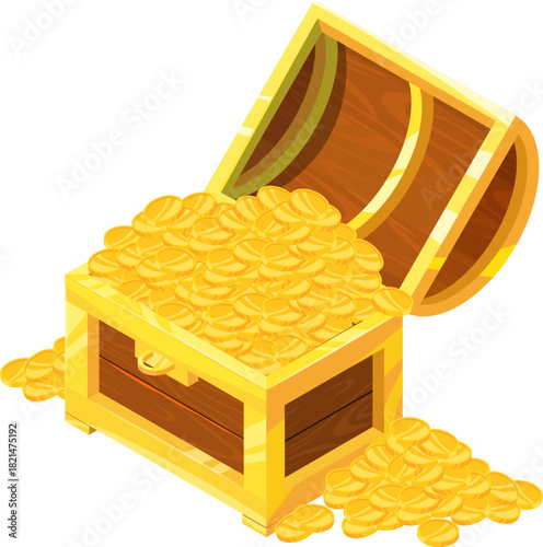 A gold chest with a lot of gold coins spilling out of it