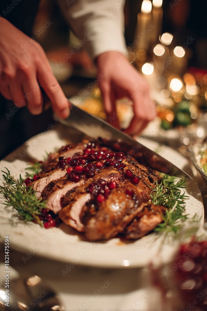 Obraz premium Person slices roasted duck with cranberry glaze at a warm festive table surrounded by Christmas decor. Soft lighting enhances the cozy celebration mood.