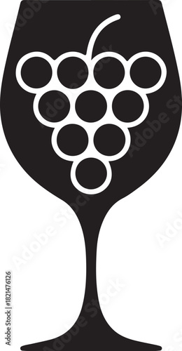 Stylized silhouette of a wine glass filled with grapes and leaves