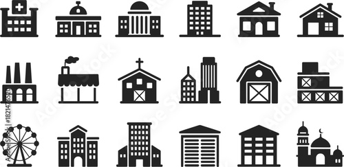 Set of Eighteen City Building Glyph Icons, Architecture Urban Infrastructure Establishment Symbols, Simple Real Estate Monochrome Vector Graphic Clipart