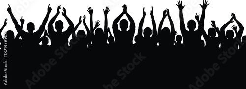 Excited crowd silhouette cheering, clapping, and celebrating success with hands raised at a concert, party, festival, or sports event, isolated.