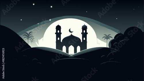Silhouette of a mosque with stars and palm trees