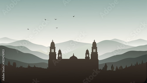 Silhouette of building and mountains with birds