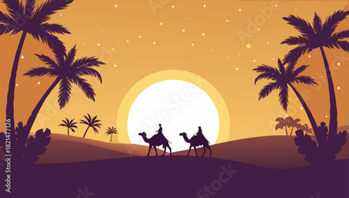 Two camels walking in desert at sunset illustration