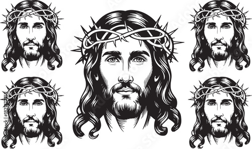 Black and white illustration of jesus christ face wearing crown of thorn isolated on