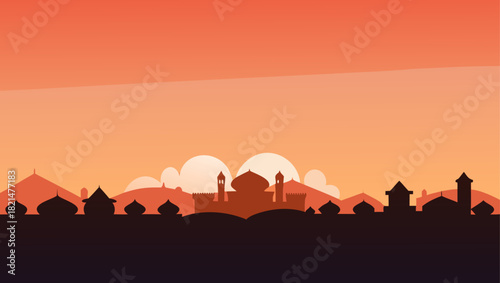 Silhouette of a middle eastern landscape at sunset