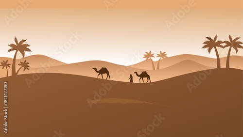 Silhouette of camels and person in desert landscape