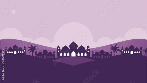 Silhouette of mosques and palm trees in landscape
