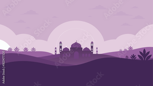 Purple landscape with mosque and cloudy background