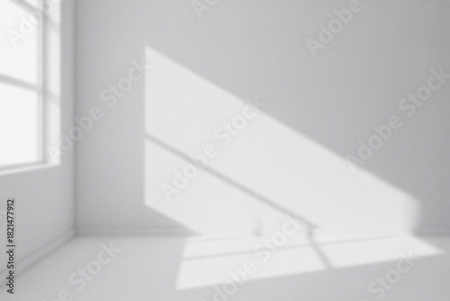 A minimalist interior with sunlight casting shadows. The scene evokes a sense of tranquility and simplicity, with a play of light and shadow