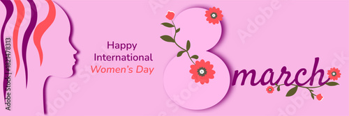 A pink banner for International Women's Day on March 8th featuring a woman's silhouette and flowers.