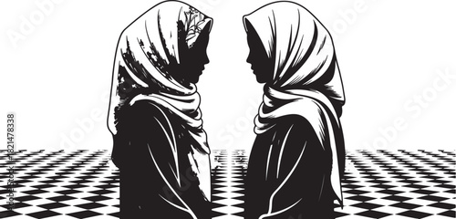 Two silhouetted women wearing hijab facing each other in a stark, highcontrast graphic style