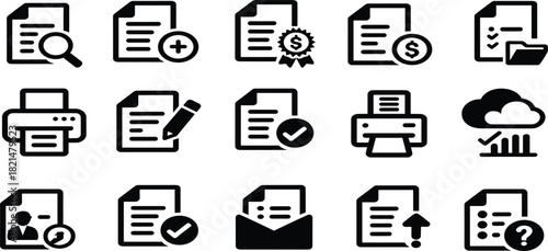 Set of Fifteen Document File Glyph Icons, Office Administration Printing Management Symbols, Financial Approval Cloud Data Vector Graphic Collection
