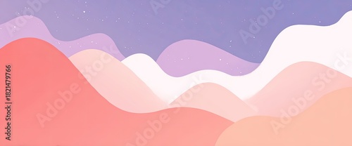 Abstract landscape with rolling hills in shades of pink, peach, purple, and a starlit sky