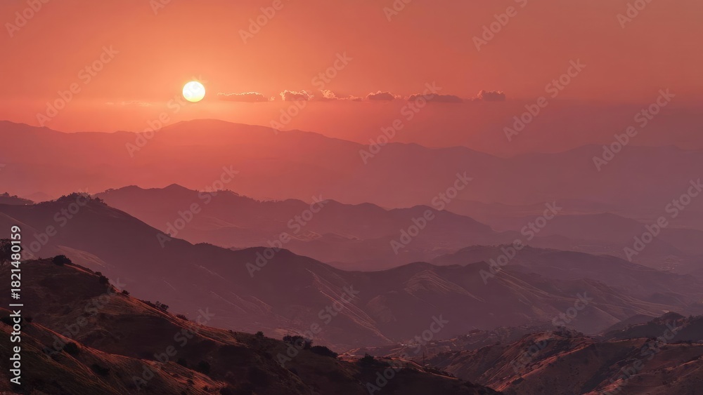 Fototapeta premium Sunset over layered mountains with an orange-pink sky and hazy silhouettes. Concept Sunset Landscape Photography, Layered Mountain Ranges, Orange-Pink Sky, Silhouettes at Dusk, Hazy Atmosphere