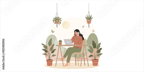 Woman chats on phone at home office A minimalist nature-inspired illustration featuring organic shapes, soft earthy tones, and calm botanical elements. Perfect for eco-friendly brands, home decor, or 