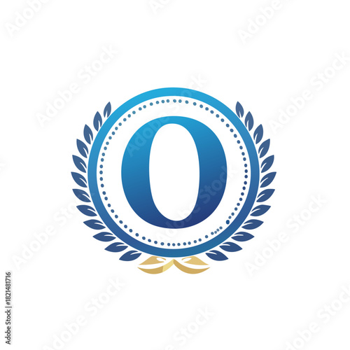 Elegant blue and gold letter O logo with laurel wreath.