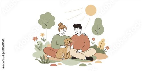 Couple bonding with their dog outdoors on a sunny day A minimalist nature-inspired illustration featuring organic shapes, soft earthy tones, and calm botanical elements. Perfect for eco-friendly brand