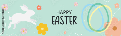 Happy Easter horizontal banner with bunny, flowers, and abstract elements.
