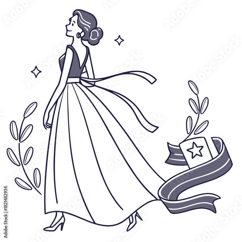 Elegant woman in a flowing gown with decorative elements