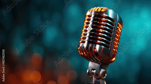 A classic vintage microphone shines under soft orange lights, evoking memories of musical legends and the intimate joys of performance in a nostalgic atmosphere.