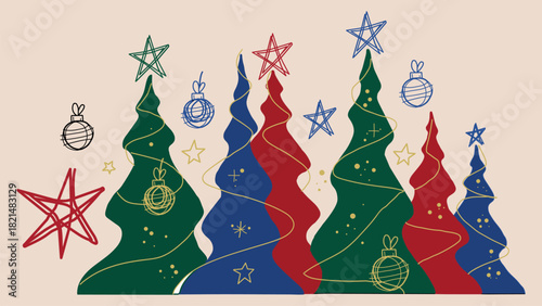 Festive Holiday Season Trees in Green Blue and Red with Stars and Ornaments Illustration on Light Background Graphic for Winter Celebrations and Christmas
