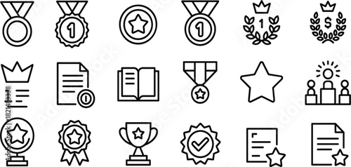 Set of Eighteen Award Achievement Line Icons, Quality Ranking Success Prize Symbols, Minimalist Certification Education Business Honor Vector Collection