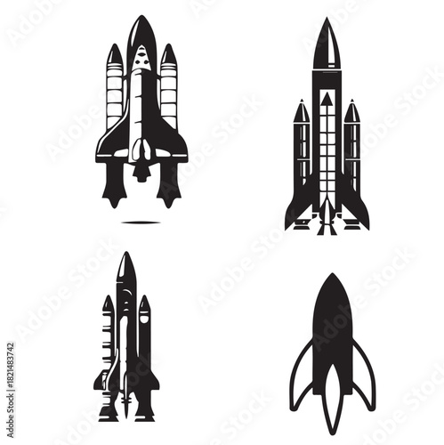 Set of missile spacecraft shuttle silhouettes. Suitable for logo, emblem, pattern, typography etc