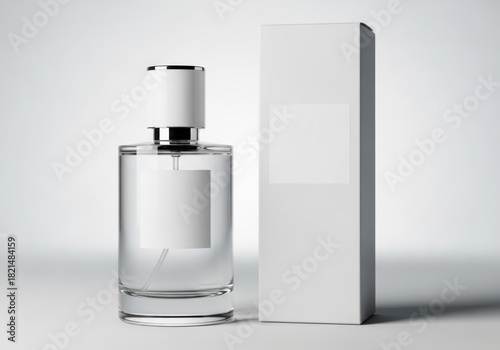 Minimalist perfume bottle and box product photography