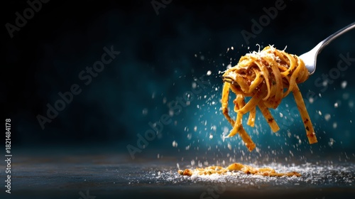 An enticing close-up of spaghetti elegantly twirled on a fork, topped with savory sauce and sprinkled with cheese, capturing the essence of fine Italian cuisine and dining.