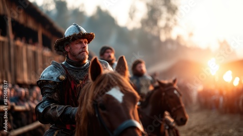 An impressive depiction of a medieval knight in shining armor, observing a fiery event, showcasing bravery, history, and the grand essence of chivalry and battles from the past.