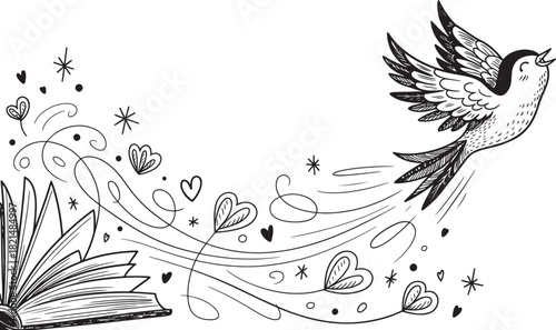 Black and white sketch of a bird flying out of an open book with magical dust and hearts, isolated on