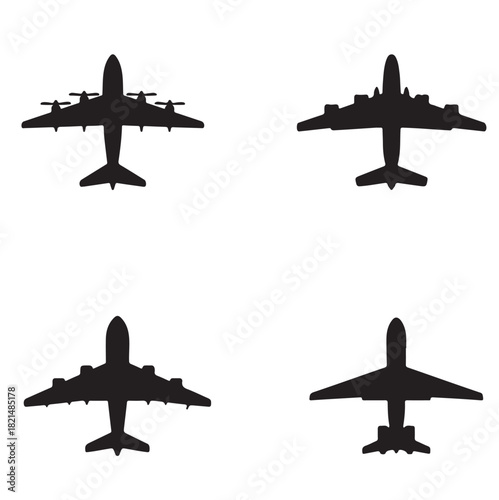Black planes icon set isolated on white background. Aircraft silhouettes with turbines and propellers. Aircraft design for posters, banners and promotional items