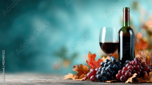 A beautifully arranged scene with a wine bottle, a glass of red wine, and fresh grapes amid autumn leaves, capturing the essence of relaxation and celebration.