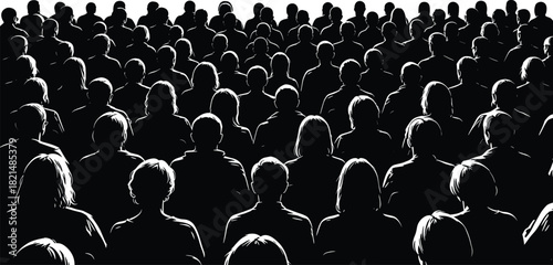 Large audience sitting in dark theater or lecture hall, crowd of people viewed from behind, conference attendees listening to speaker vector.