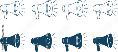 Set of Eight Megaphone Loudspeaker Icons, Outline and Glyph Styles, Important Communication Marketing Announcement Symbol, Navy Blue Vector Graphic Collection
